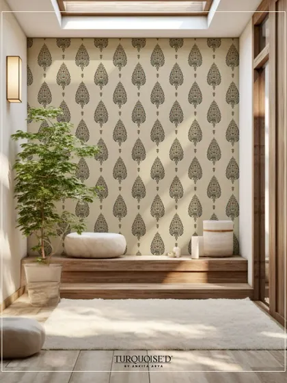 The Malkha Boota wallpaper, featuring a repeating leaf-like Kalamkari motif, creates a serene and meditative atmosphere in this sunlit space. The pattern adds a touch of heritage without overwhelming the room.