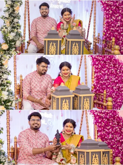 A collage showing the couple participating in baby shower games and rituals. These candid shots capture their playful interactions and the fun-filled moments of the celebration, from opening gifts to sharing laughs on the jhula.