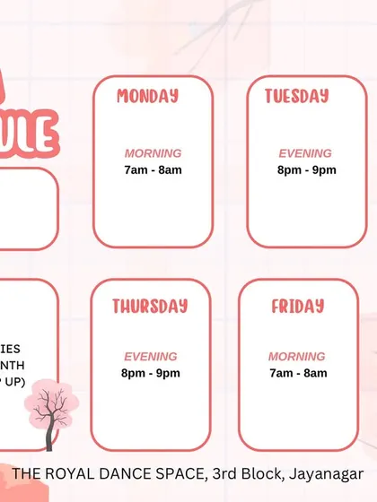 Here is the complete schedule for my ladies-only Zumba and Step-Up classes in Jayanagar. You can see the timings for morning and evening batches, along with the monthly fee, making it easy to plan your fitness routine.