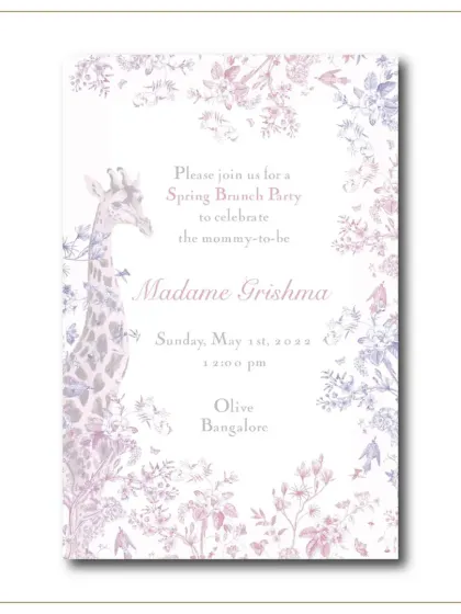 A delicate and artistic baby shower invitation for a spring brunch. The design features a beautiful toile-style illustration of a giraffe and birds in a soft lavender and pink palette.