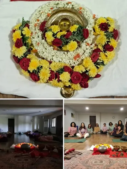 A collage from a special "Healing Day Out" event, featuring yoga, sound healing, and group photos. It showcases the variety of wellness workshops and events we host.