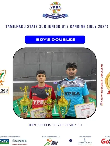 Kruthik and Ribinesh winning the Boy's Doubles Gold at the Tamil Nadu State Sub Junior U17 Ranking.