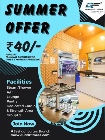 Our Seshadripuram branch offers a complete fitness experience with dedicated cardio and strength areas, A/C, a lounge, and steam/shower facilities.