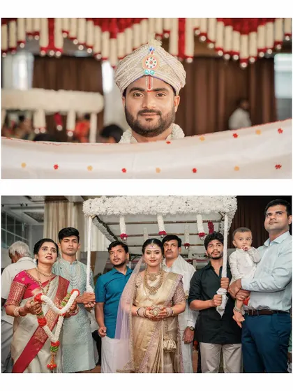 A collage showing the groom's entrance and the bride's arrival, building anticipation for the moment they finally meet at the mandap.