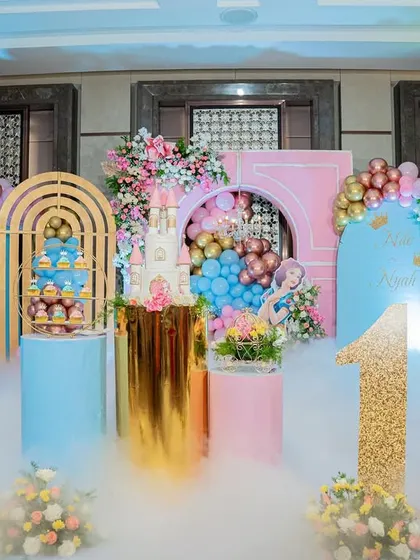 A closer look at the princess stage, showing the intricate details of the backdrops and the golden accents.