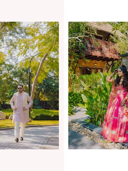 Solo shots of the bride and groom walking through the beautiful grounds of their carnival venue.