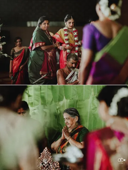 A diptych showing the bride's mother and grandmother watching the ceremony with pride and emotion.