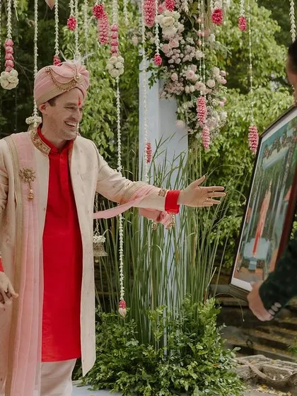 The couple shares a lighthearted moment during their wedding ceremony.