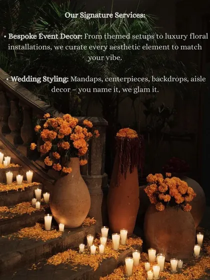 A list of our signature services, including bespoke event decor and wedding styling. From mandaps to backdrops, you name it, we glam it.