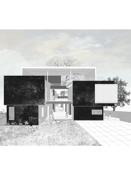 An elevation drawing of the "Solid | Void | Solid House" shows the conceptual idea of solid private blocks connected by transparent public voids.