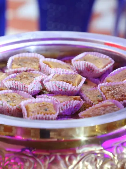 Our delicious Bread Halwa, perfectly portioned and ready to be served. It's a sweet treat that complements our spicy main courses.