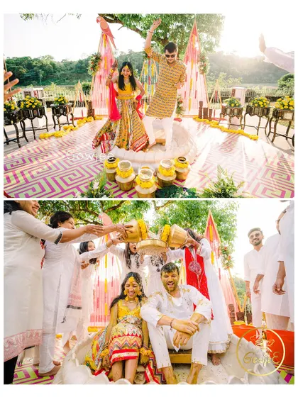 The Haldi ceremony in full swing, with the couple enjoying the playful rituals surrounded by a vibrant, themed decor setup.