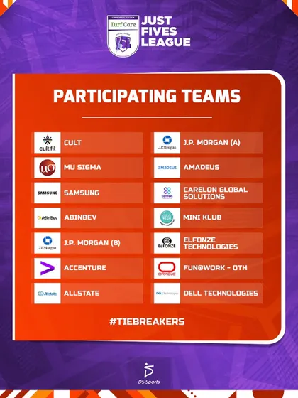 The full list of 14 corporate teams that participated in our first Just Fives League. We bring together companies from across the city for a day of competition.