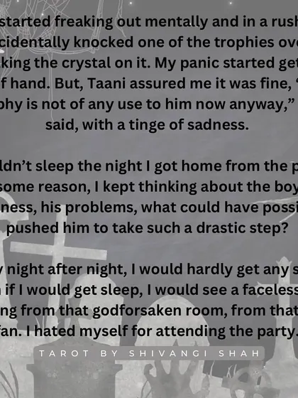 A story of a house party where a group visits the apartment of a boy who had hung himself, leading to nightmares and a lingering spiritual presence.
