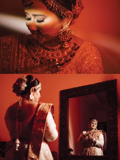 This collage showcases the bride's beauty from different angles. The top is a close-up on her face with dramatic lighting, while the bottom shows her reflection as she gets ready.
