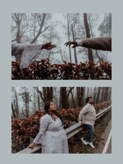 An artistic shot capturing the couple on a misty road in Chikkamagaluru. The fog and dense trees create a mysterious and romantic atmosphere, perfect for a cinematic pre-wedding shoot.