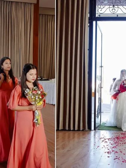 The bride's processional, walking down the aisle with her father, led by her bridesmaids. This is a classic, emotional moment that I love to capture.