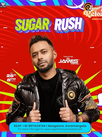 A poster for the "Sugar Rush" Saturday night at Sugarfactory Reloaded, highlighting my specialty in Bollywood mashups.