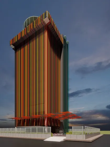 A bold conceptual design for a commercial office building featuring multi-colored vertical fins. This vibrant facade treatment is an exploration of how color can be used to create a dynamic and memorable architectural landmark.