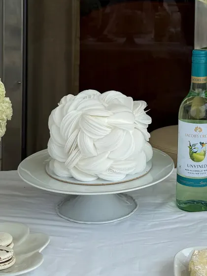 My modern wafer paper cake as part of a beautiful, all-white party setup. It fits in perfectly!