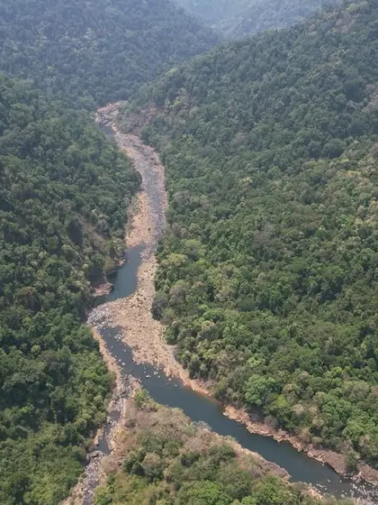 An aerial view of the Aghanashini river winding through the valley.
