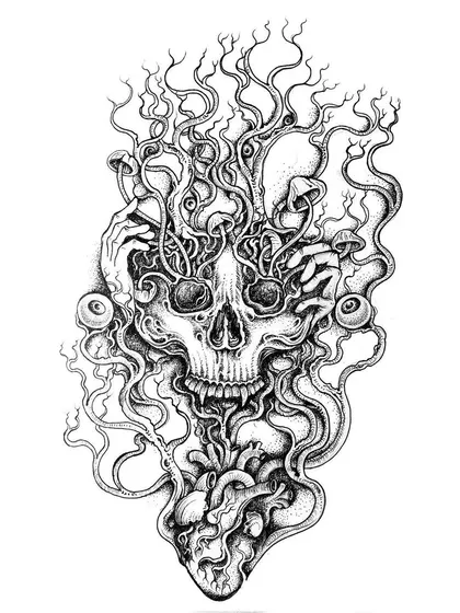 Titled 'Trip', this drawing is a visual representation of a psychedelic experience. A skull is overgrown with mushrooms and twisting vines, with the heart exposed at its base.