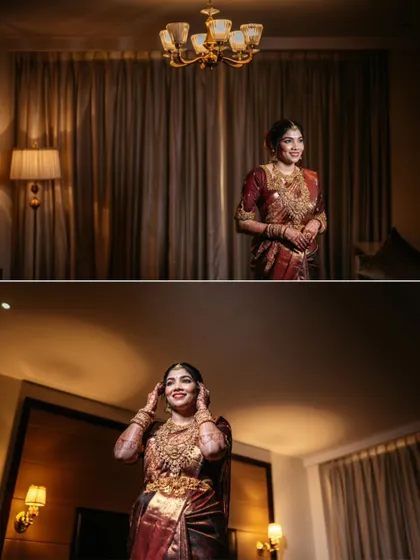 A collage of a bride getting ready, capturing her happy expressions and elegant poses in her hotel room.