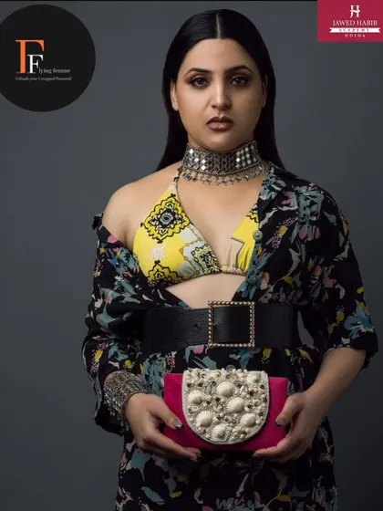 A high-fashion look created by our students for a professional shoot in collaboration with a modeling agency.