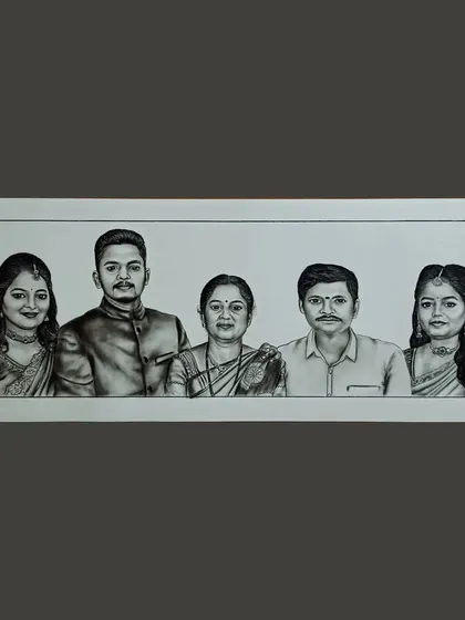 A charcoal portrait of a family of five. These large-format pieces are perfect for creating a centerpiece for your home.