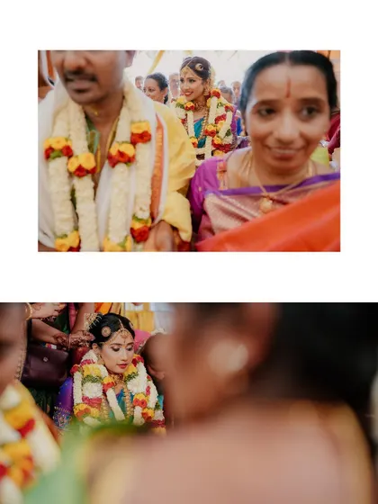 Candid moments from the wedding ceremony, capturing the expressions of the couple and their family members from an intimate perspective.