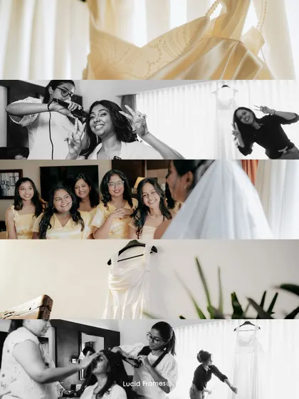 A collage of the "getting ready" moments, showing the fun, chaos, and excitement with friends and stylists.