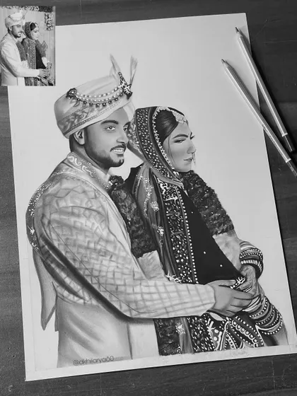 This A3 graphite sketch of a wedding couple has a very regal feel. I spent a lot of time on the groom's turban and the bride's intricate dress to make sure every detail was perfect.