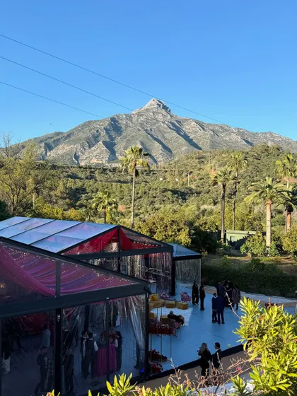 A view of the mountain backdrop from the wedding venue in Marbella. The natural landscape becomes a key part of the event's visual identity.