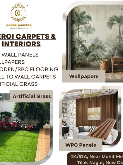 A quick overview of the premium products we offer, including PVC wall panels, wallpapers, wooden flooring, carpets, and artificial grass.