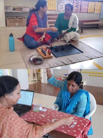 A teacher from Senthil Public School presents a math activity during her review. Our goal is to empower educators to become confident Montessori guides.