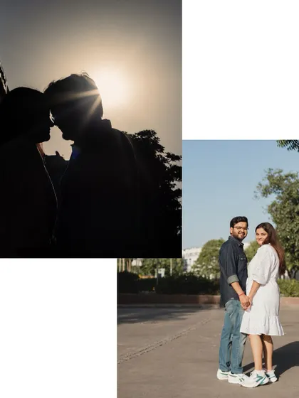 A beautiful silhouette of a couple against the bright sun, creating a romantic and artistic pre-wedding photograph.