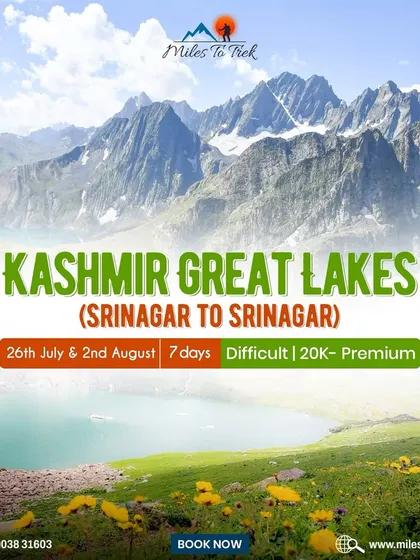 An informational graphic for our premium Kashmir Great Lakes trek, a difficult 7-day journey through some of the most picturesque alpine meadows and lakes in the Himalayas.