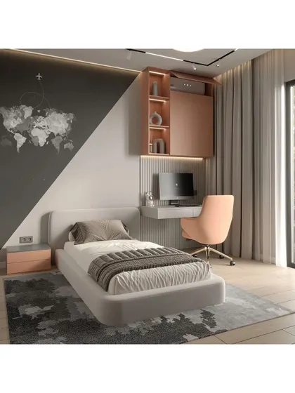 A modern and stylish kid's bedroom with a world map decal. The room includes a compact study desk and a neutral color palette with pops of pink, creating a space that can grow with the child.