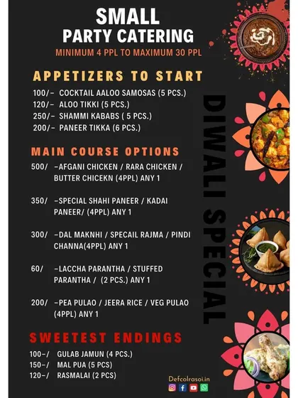 Our Diwali special menu for small party catering, designed for 4 to 30 people. It lists appetizers, main course options, and desserts to make your celebration complete.
