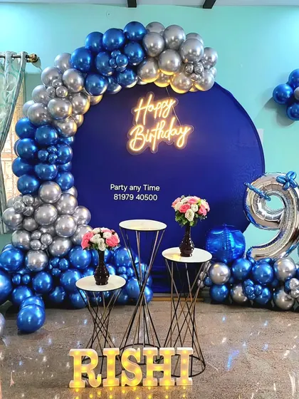 The full setup for Rishi's 9th birthday with the blue and silver theme.