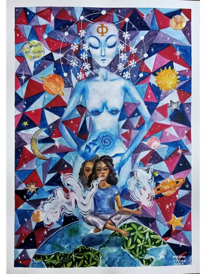 This piece, 'The Reality of the Cosmos,' is one of my deepest dives into narrative art. I explored complex ideas about the universe, consciousness, and perception, using watercolor to blend scientific theory with psychedelic visuals. It’s a perfect example of how I use painting to make sense of big, abstract concepts.