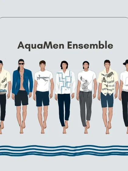 The design illustrations for the 'AquaMen Ensemble' collection. The fluid lines and natural motifs reflect the designer's inspiration and her dedication to narrating stories of water conservation.