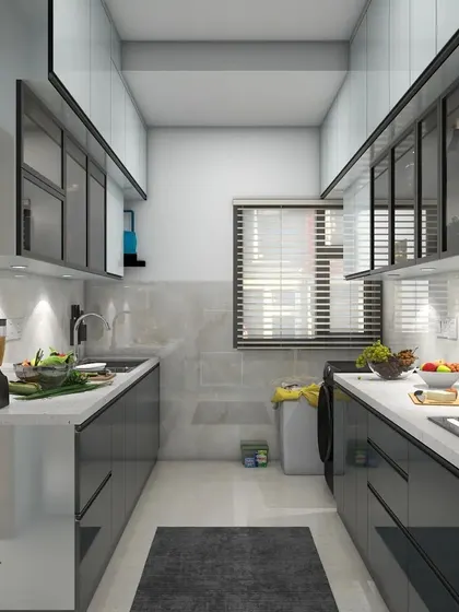 This view of the parallel kitchen highlights the sink and prep area. The layout ensures a logical workflow between cooking, washing, and storage zones.