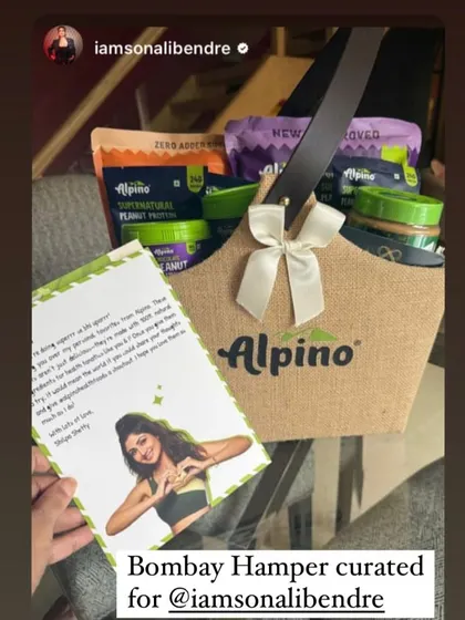 A personalized hamper experience created for actress Sonali Bendre on behalf of Alpino Health Foods.