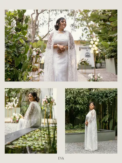 Three beautiful portraits of the bride in her elegant white engagement dress, highlighting her grace and the lovely venue.