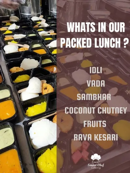 Our South Indian packed lunch is a powerhouse meal for any team. It includes Idli, Vada, Sambar, Chutney, Fruits, and Rava Kesari.