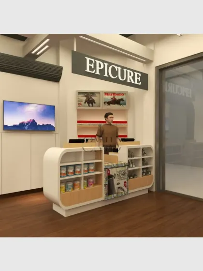 A 3D visualization of the checkout counter, illustrating the planned layout, branding, and customer flow before construction. This is part of my design and build process to ensure the final result matches the vision.