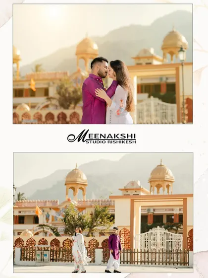 A two-photo collage capturing a couple's pre-wedding shoot at Parmarth Niketan ashram, highlighting both a wide shot of the location and an intimate, romantic moment.