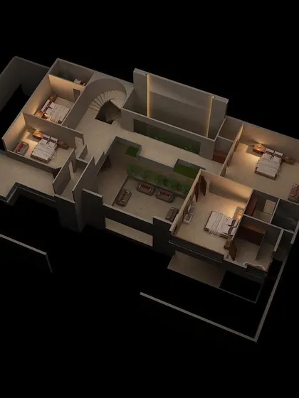A conceptual 3D floor plan showing the layout and zoning for a residential project in Pathankot, helping the client understand the flow of the space.
