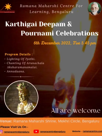 Another poster for the Karthigai Deepam and Pournami event, highlighting the lighting of the Jyothi and the chanting of Arunachala Aksharamanamalai at our Mekhri Circle shrine.